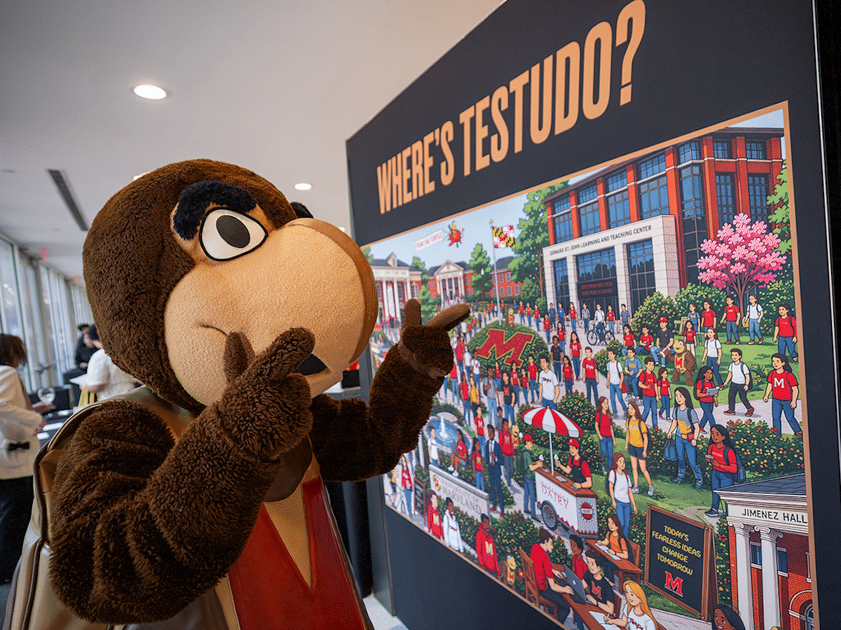 Multiple images, including Testudo, the University of Maryland Terrapin mascot, a person circling a word in a larger word search, and another person hitting a golf ball on a black putt-putt mat.